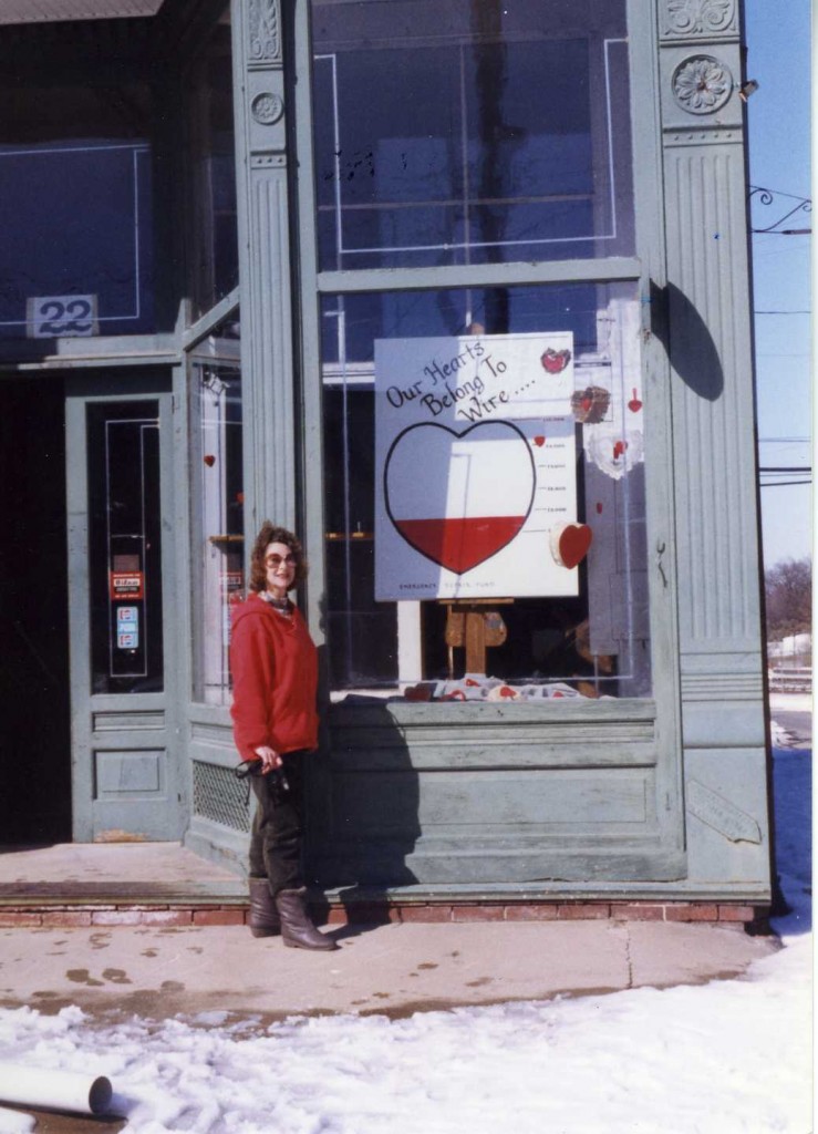 Wire Hardware Store decorated with hearts in support of it's restoration