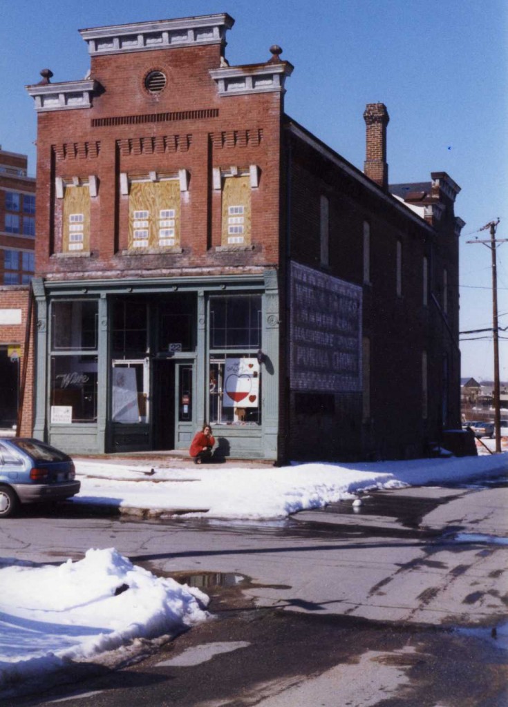 Wire Hardware Store decorated with hearts in support of it's restoration