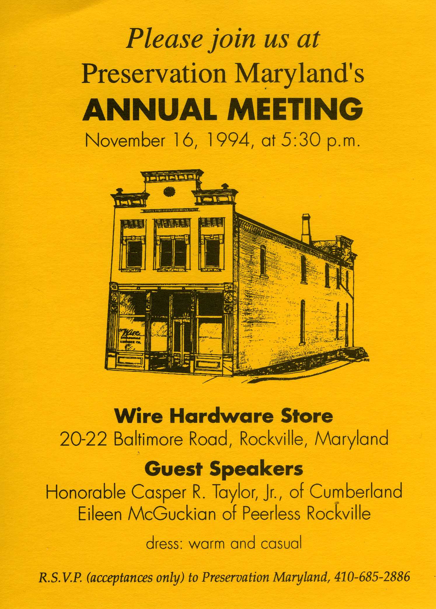 Invitation to Preservation Maryland's meeting at Wire Hardware