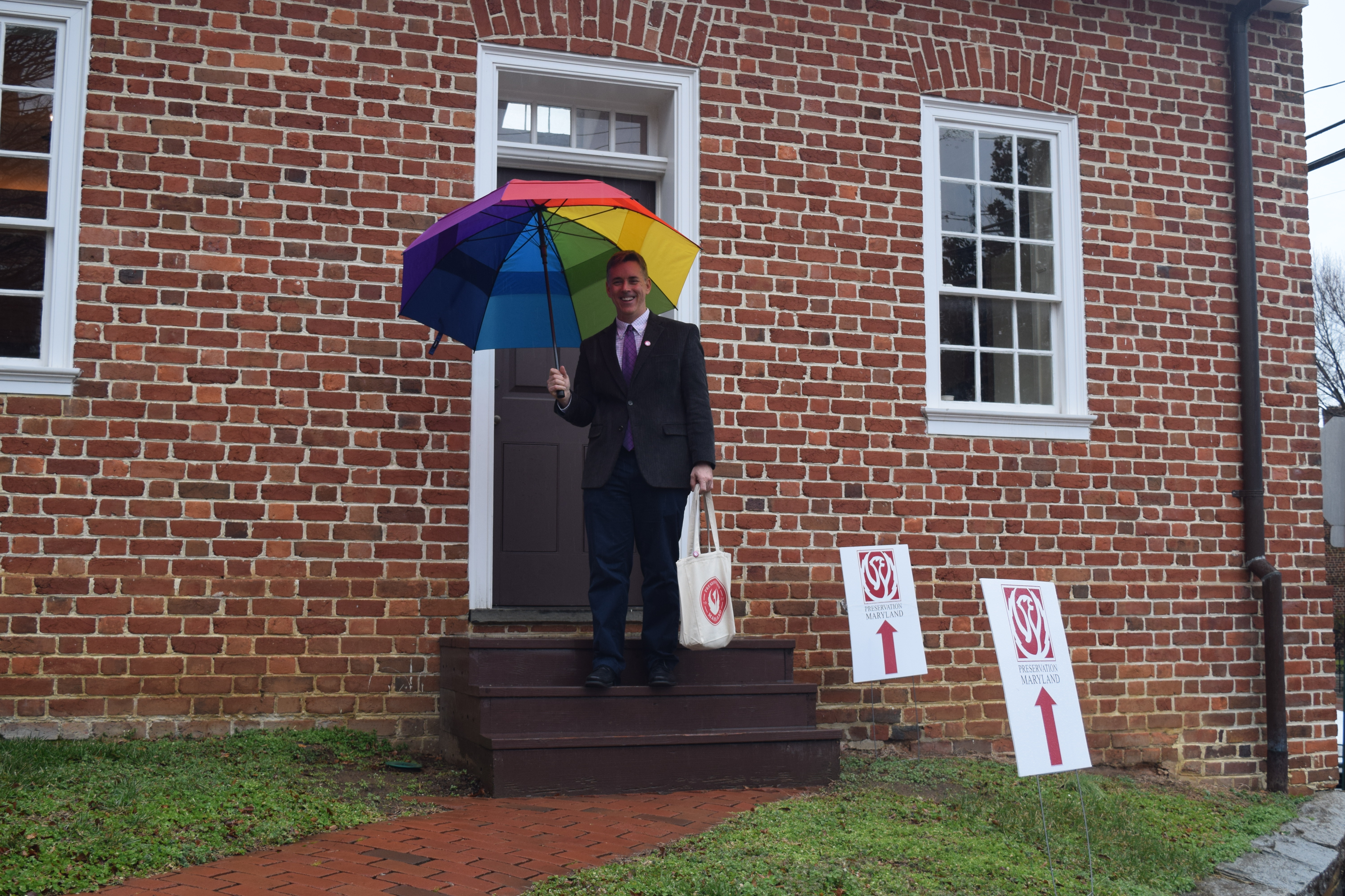 Christopher Stevens, resident and advocate for Cumberland, steps out of the historic Brice House.