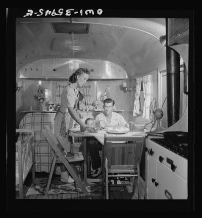 A Martin Company family in their FSA trailer, 1943. Photo from Library of Congress.