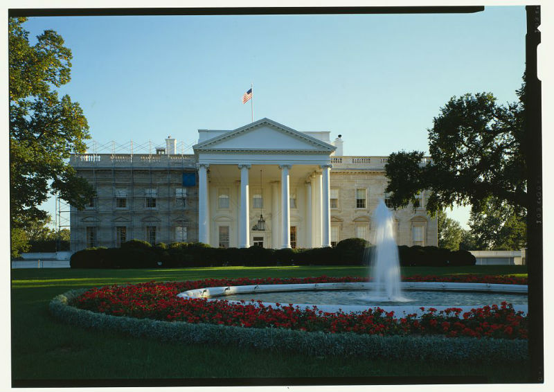 North facade of the White House during restoration. Photo from the Historic American Building Survey.