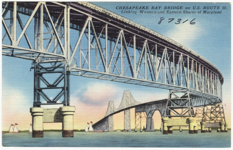 Vintage postcard of the Bay Bridge. Image from the Boston Public Library.