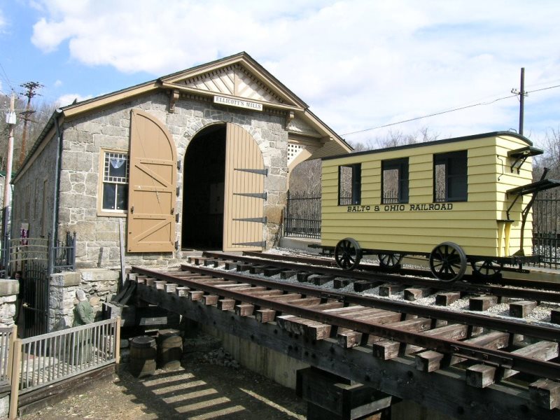 Train cars at the ca. 1830 B&amp;O Railroad Museum in Ellicott City.