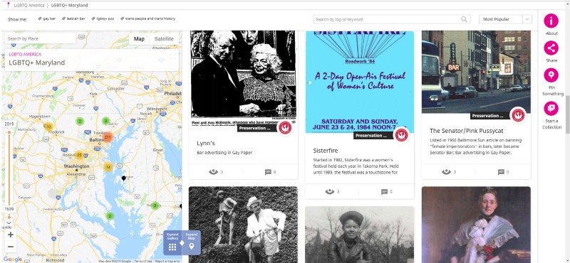 Screenshot of the LGBTQ+ Maryland collection on HistoryPin, 2019.