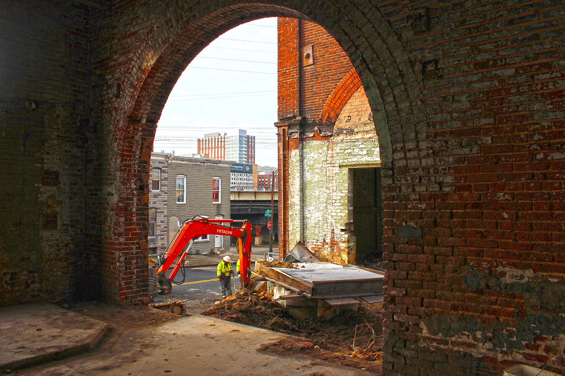 Workers at the Hoen Lithograph Building rehabilitation project in Baltimore, MD, 2019.