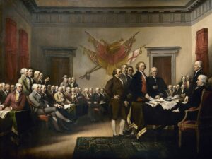 John Trumbull's painting Declaration of Independence, depicting the five-man drafting committee of the Declaration of Independence presenting their work to the Second Continental Congress.