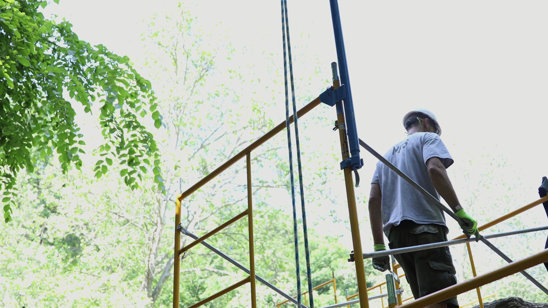 An NPS employee skilled in the traditional trades works on the Pulp Mill Ruins in Harpers Ferry, WV.